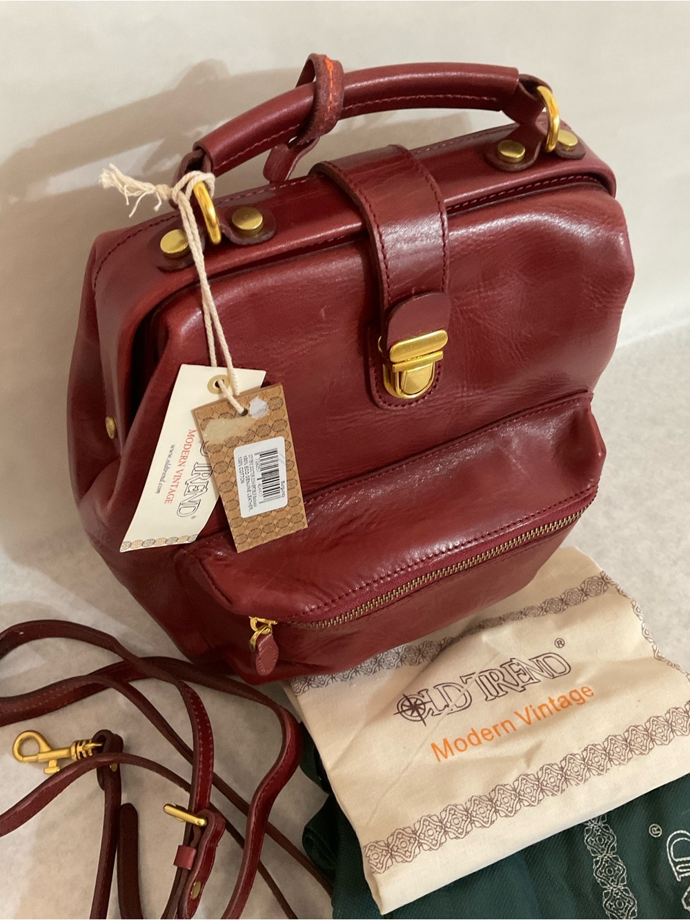 Modern Vintage Red Leather Mini Backpack with Gold Hardware